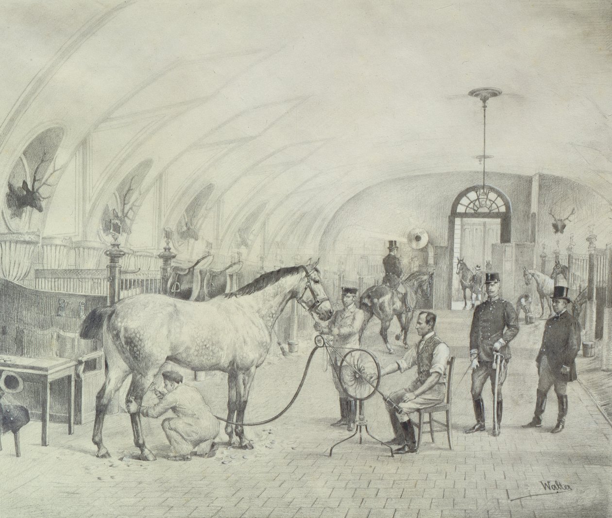 The Royal Stables: morgonputsning (penna) av Adele Walter
