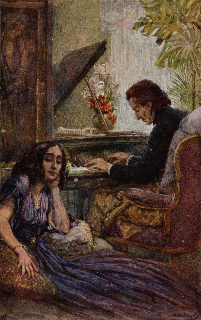 Vykort med George Sand (1804-76) som lyssnar på Frederic Chopin (1810-1849) när han spelar piano, 1917 av Adolf Karpellus