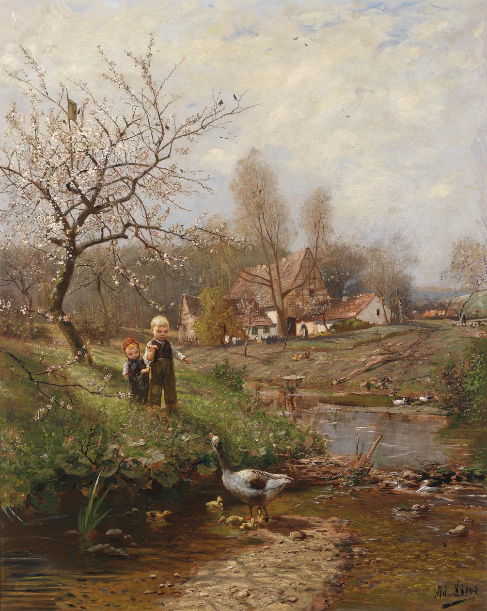 Frühlingslandschaft mit zwei Kindern und Gänsen av Adolf Lins