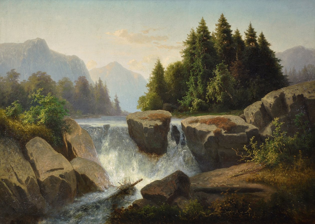 Bergslandskap med vattenfall, ca. 1853 av Adolf Kosárek