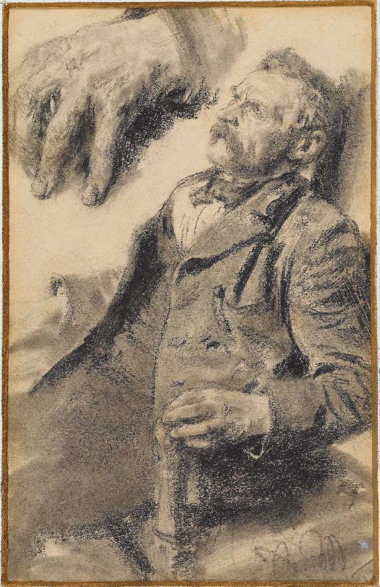 Studie eines sitzenden Mannes, links oben Studie der linken Hand  av Adolph Menzel