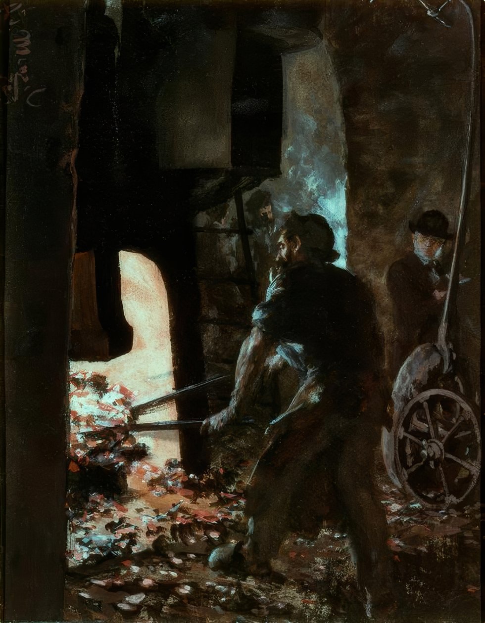 Självporträtt med en arbetare vid ånghammaren av Adolph Menzel