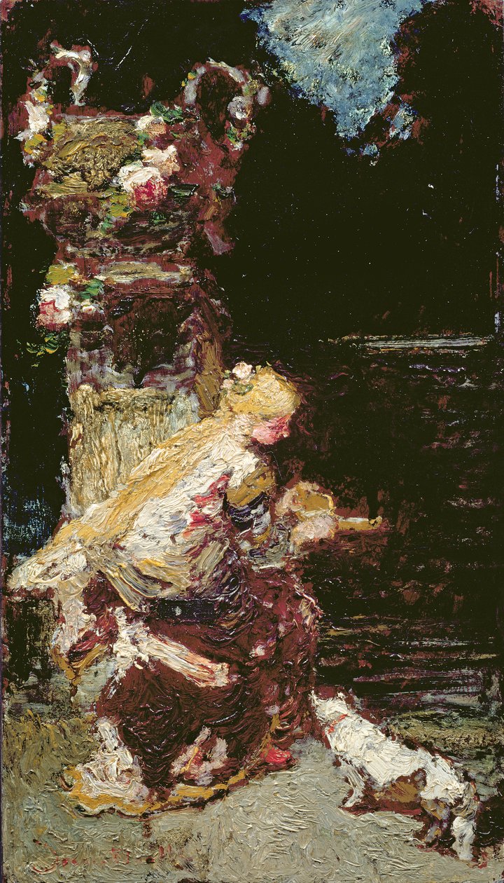 Ung flicka med en katt av Adolphe Joseph Thomas Monticelli