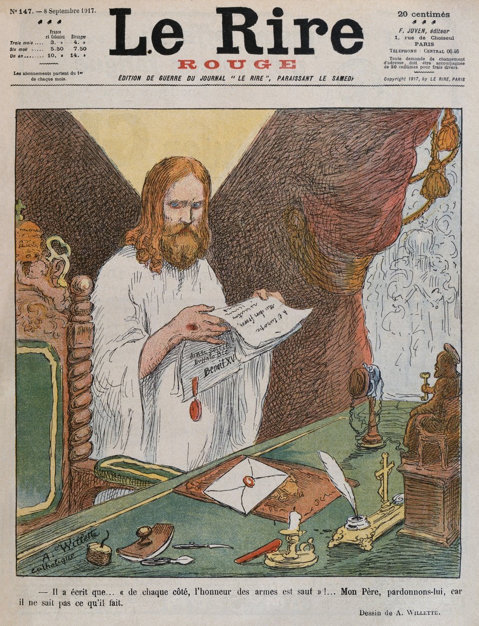 Jesus Kristus läser den fredsplan som utfärdats av påven Benedictus XV, illustration på framsidan av "Le Rire Rouge", 8 september 1917. av Adolphe Leon Willette