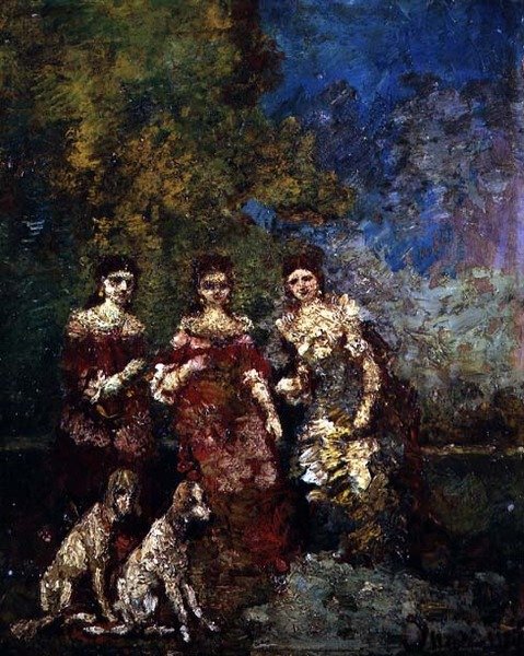 Tre kvinnor (olja på duk) av Adolphe Joseph Thomas Monticelli