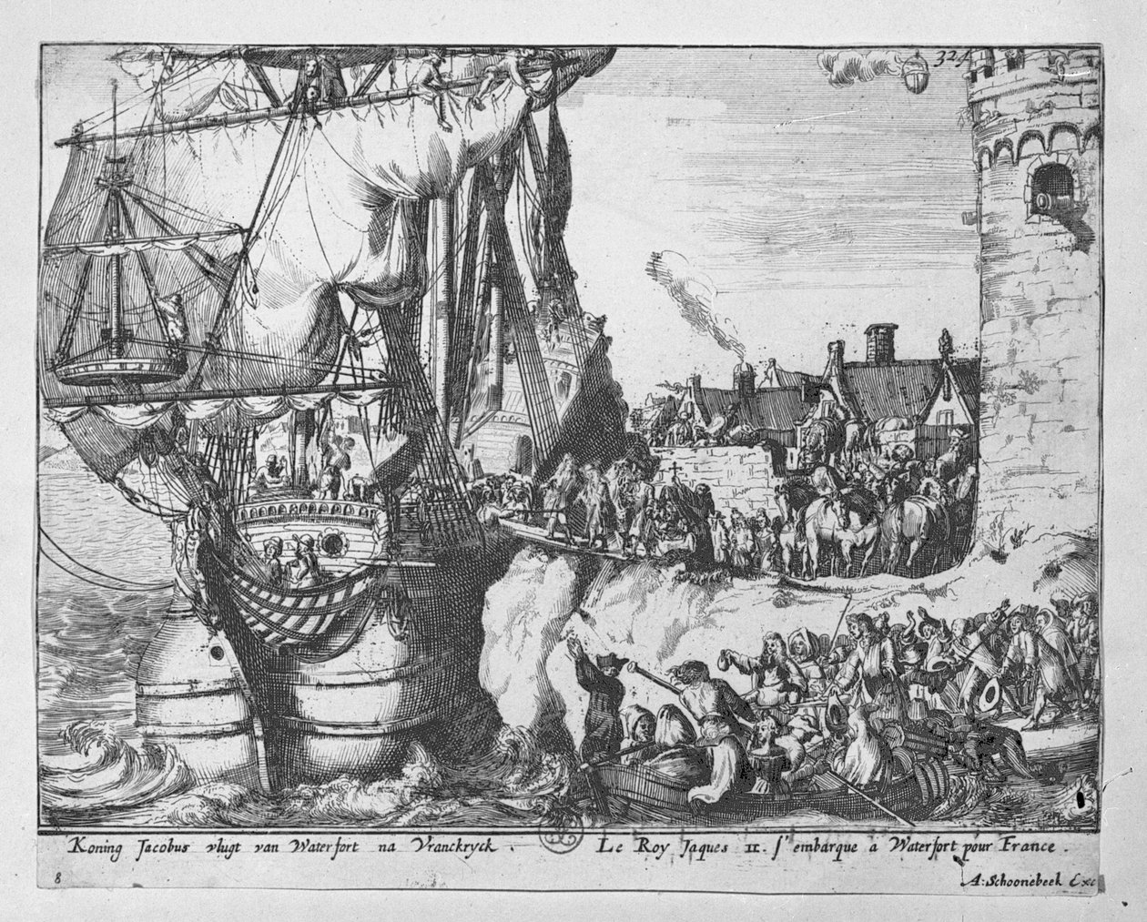 Kung James lämnar Irland efter nederlaget i slaget vid Boyne, 1690. av Adriaan Schoonebeek