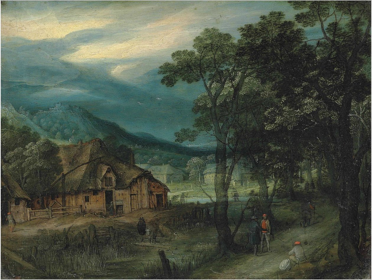 A wooded landscape with travellers on a track by a village av Adriaen van Stalbemt