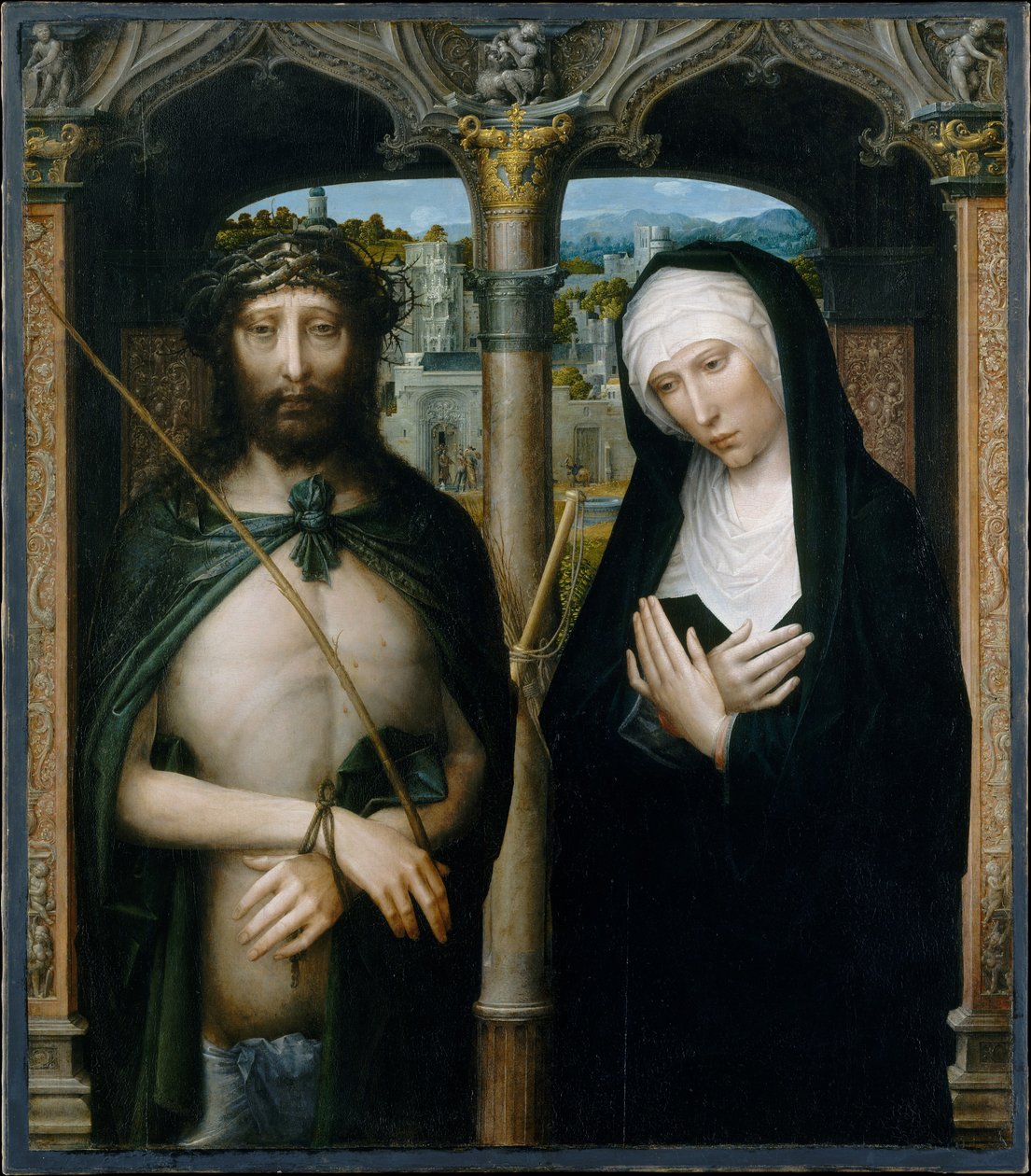 Kristus krönt med törnar (Ecce Homo), och den sörjande jungfrun av Adriaen Isenbrandt or Isenbrant
