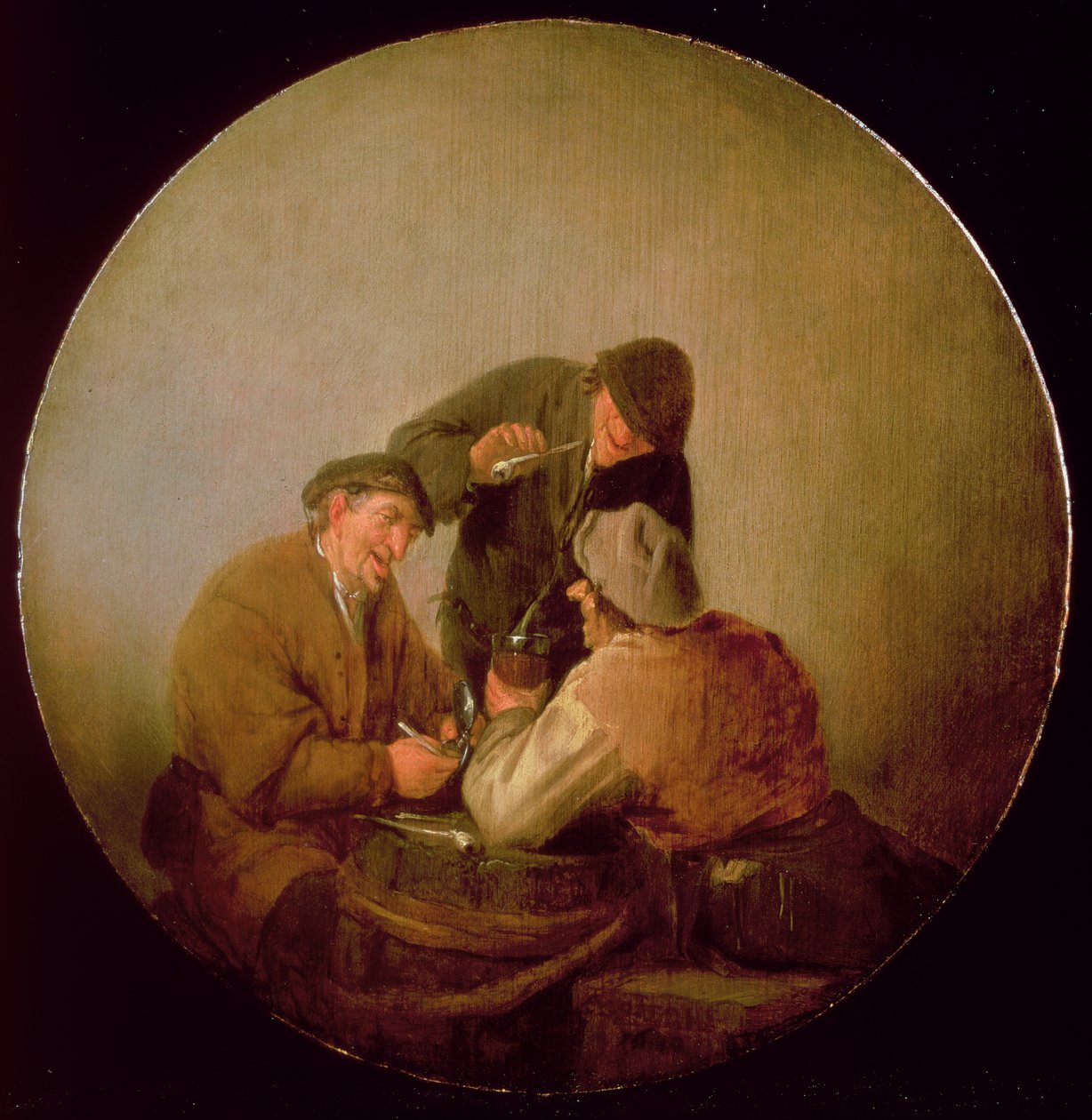 Tre bönder som dricker och röker i en interiör av Adriaen Jansz. van Ostade
