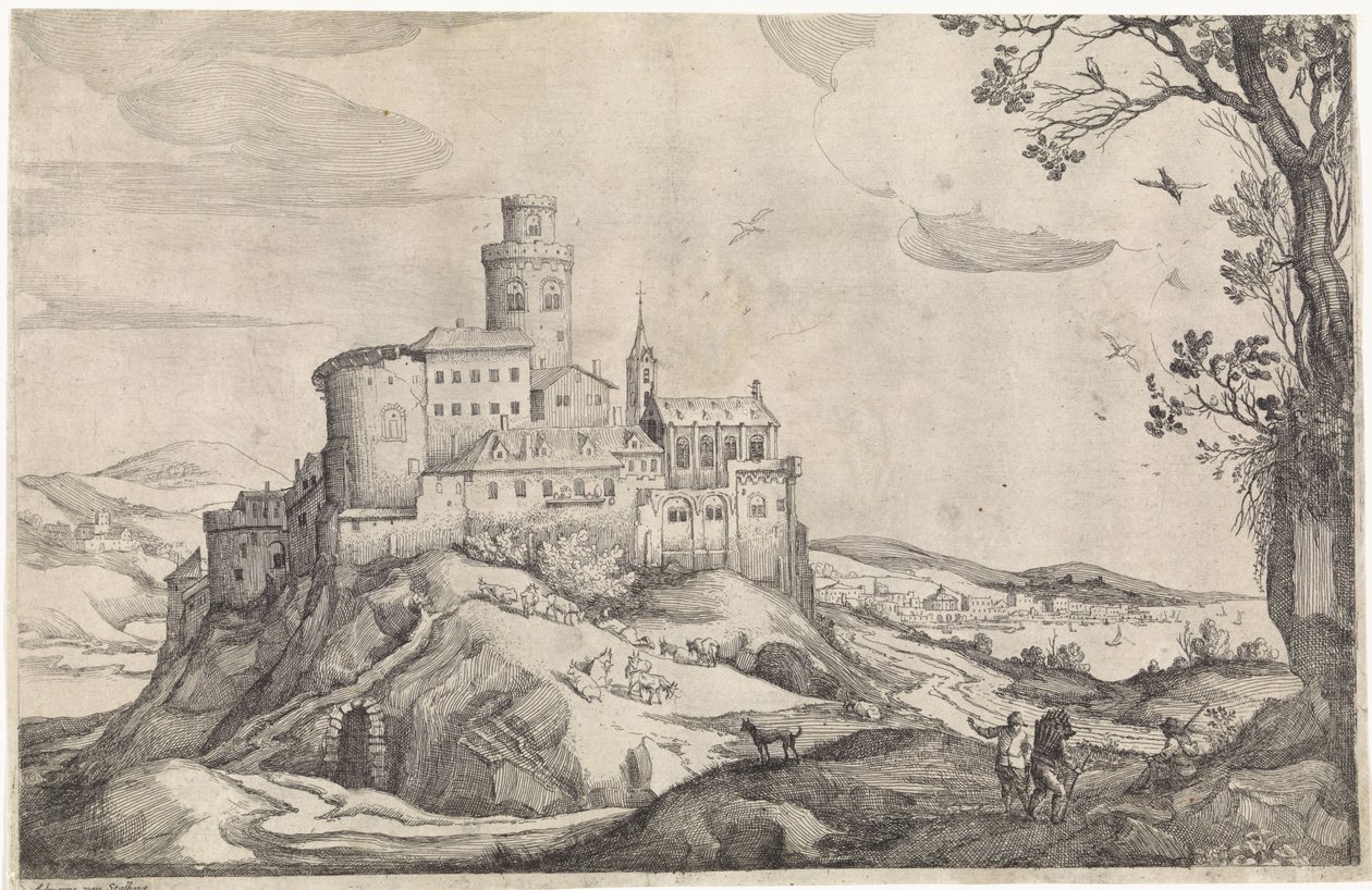 Landscape with a castle on a mountain av Adriaen van Stalbemt