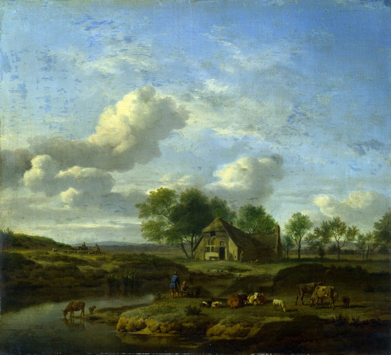 Ett landskap med en gård vid en bäck av Adriaen van de Velde