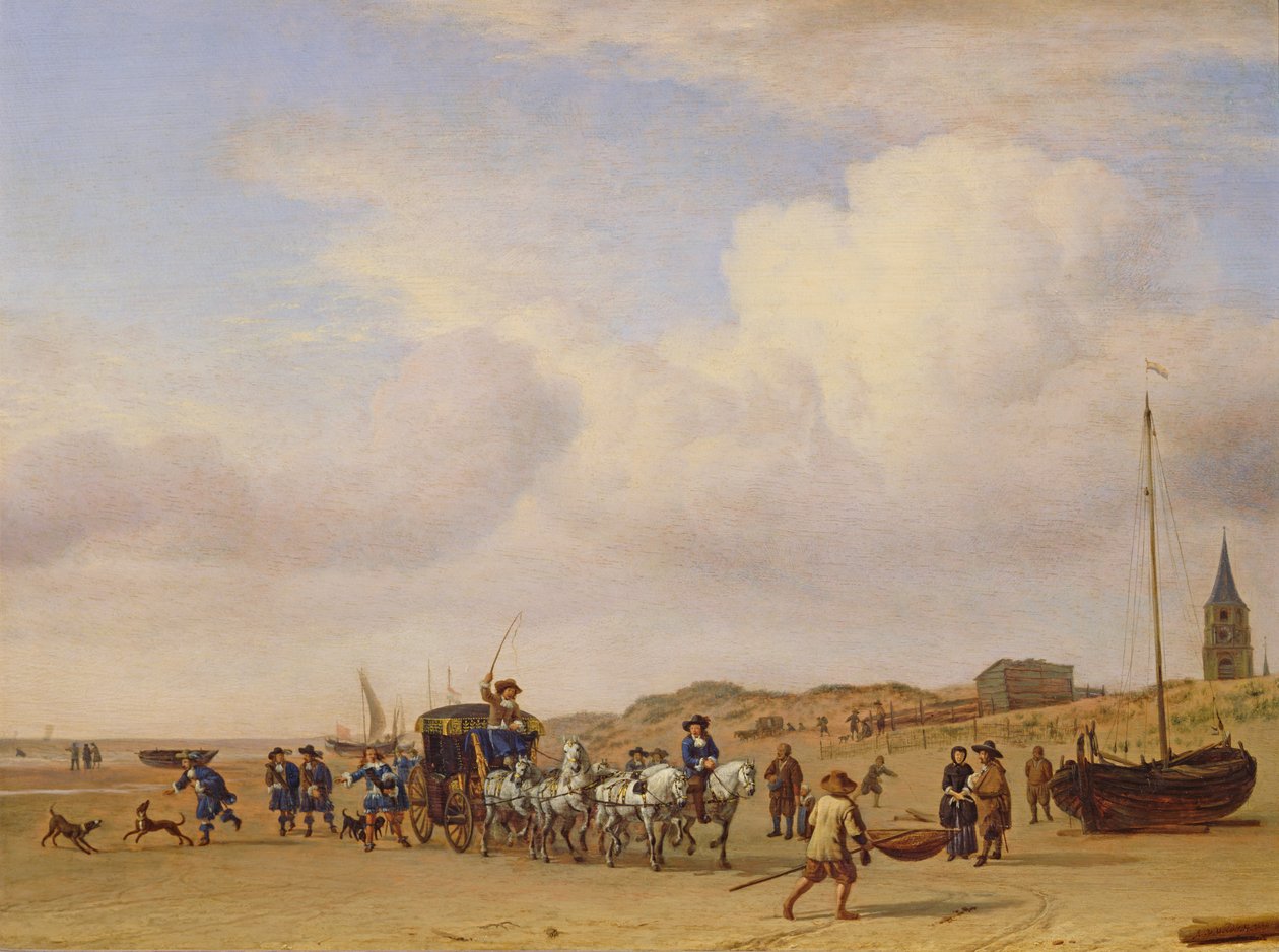 Adelsvagn på stranden i Scheveningen, 1660 av Adriaen van de Velde