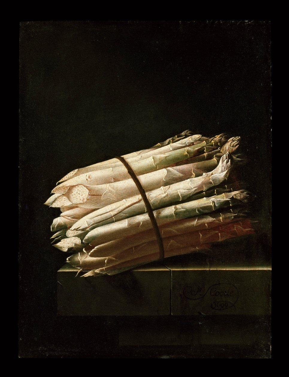 Stilleben av sparris, 1699 av Adrian Coorte