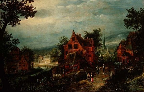 Bylandskap med bönder av Adriaen van Stalbemt