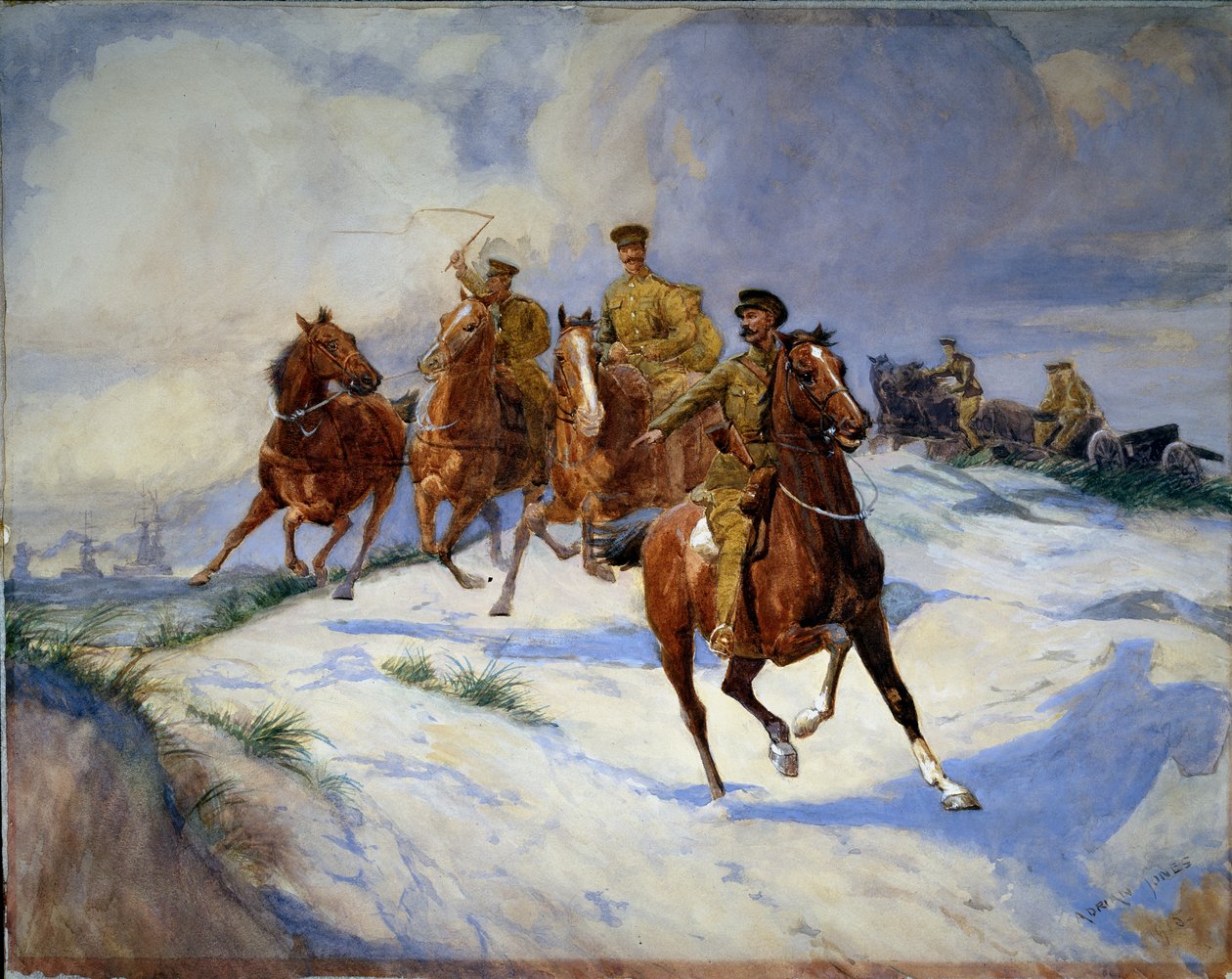 Artilleri på sanddynerna, Flandern, 1915 av Adrian Jones
