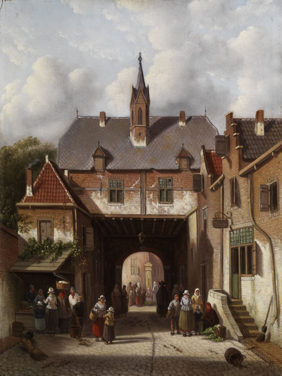 Markttreiben unter einem Torgebäude av Adrianus Eversen