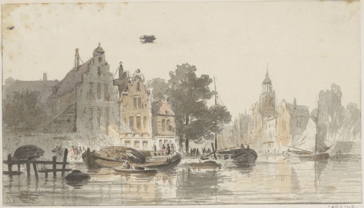 Stadsbild med kanal av Adrianus Eversen
