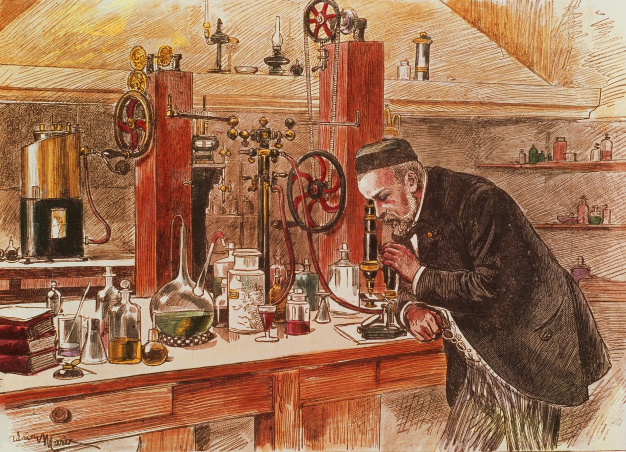 Louis Pasteur experimenterar för att bota hydrofobi i sitt laboratorium, c.1885, pub. c.1895 (tryck) av Adrien Emmanuel Marie