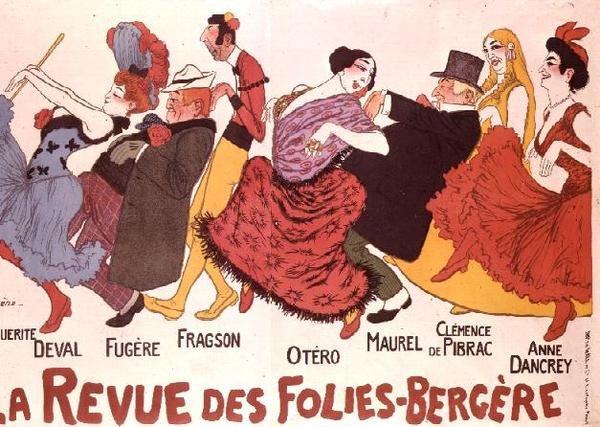 La Revue des Folies-Bergere (färg litho) av Adrien Barrere
