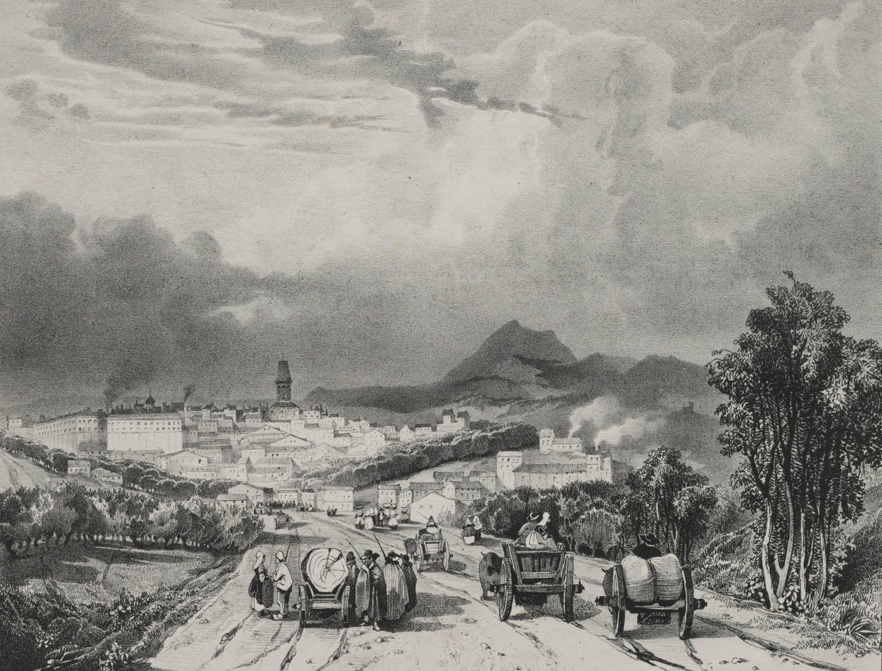 Översikt över Riom, Auvergne, 1829. av Adrien Dauzats