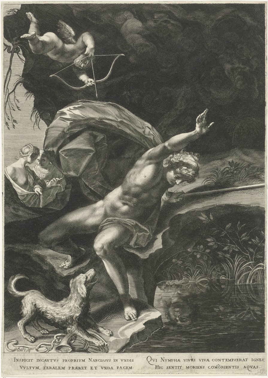 Narcissus vid brunnen Herkules och Cerberus av Egidius  Sadeler (II)