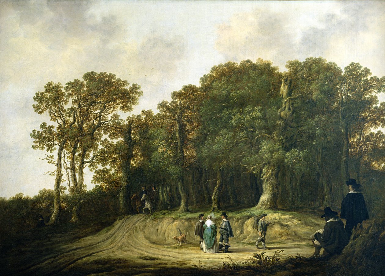 Ett skogslandskap med konstnären som skissar av Aelbert Cuyp