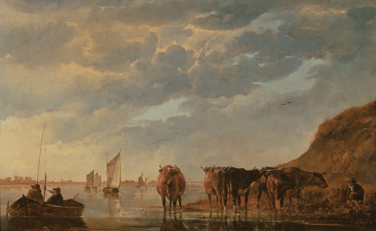 En herde med fem kor vid en flod, ca 1650 (panel) av Aelbert Cuyp
