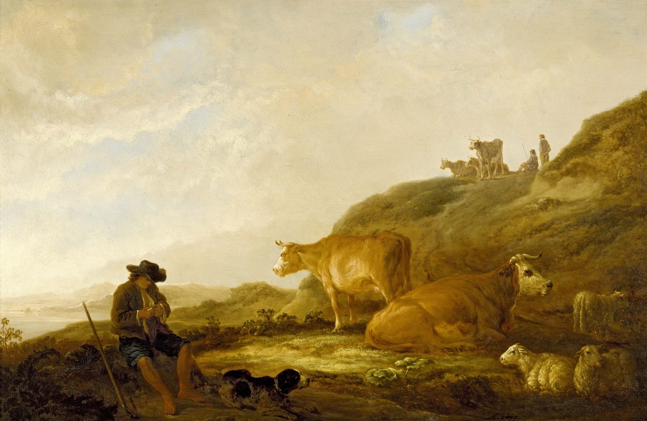 Sittande herde med kor och får på en äng, 1644 (olja på ekpanel) av Aelbert Cuyp