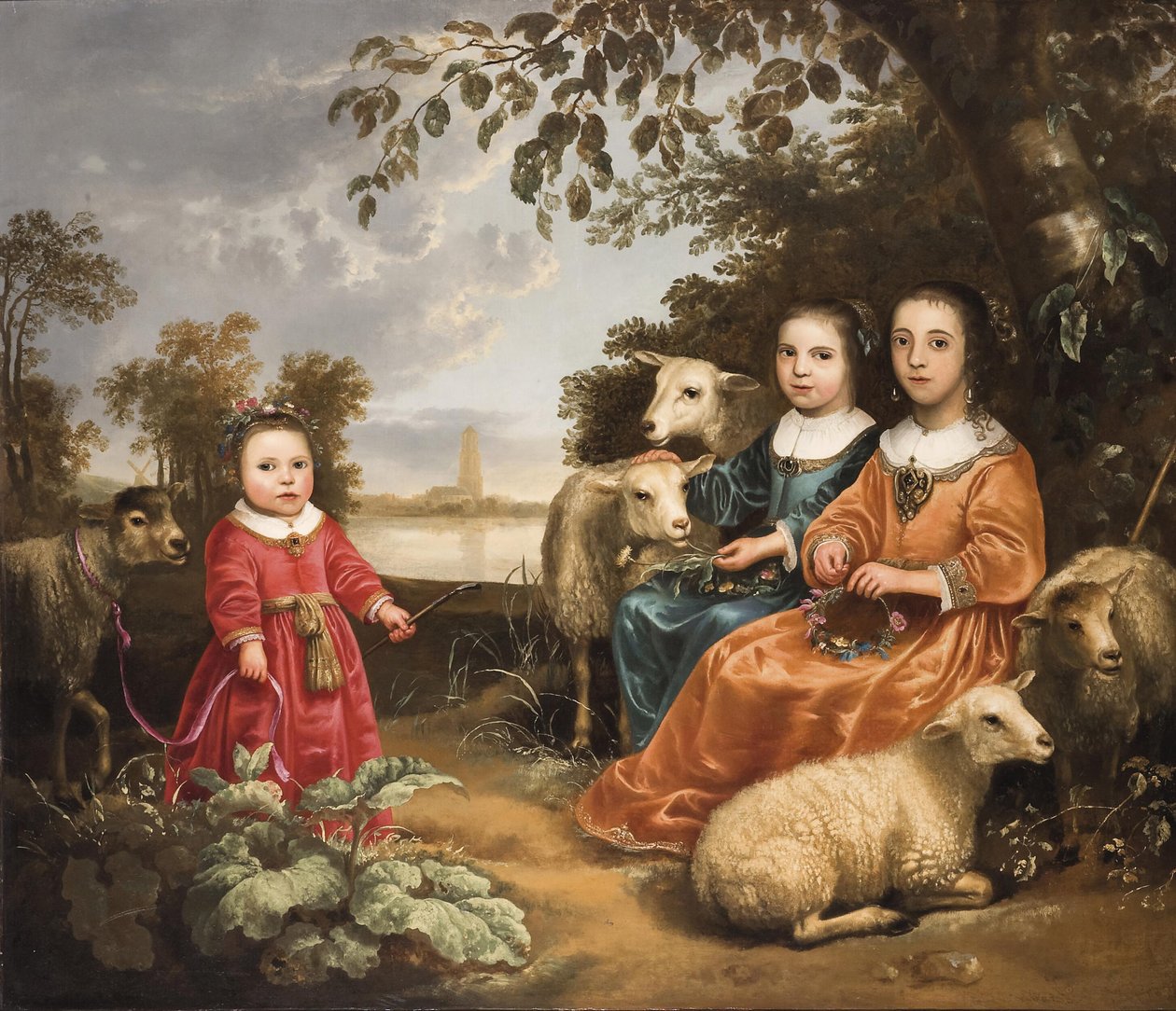 Tre flickor med får i ett landskap av Aelbert Cuyp