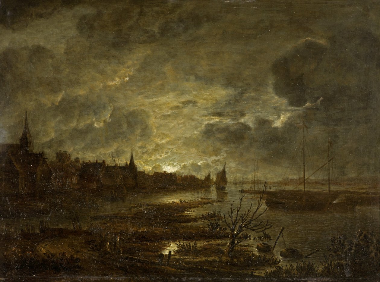 En by vid en flod vid månsken, ca 1645-1700 av Aert van der Neer