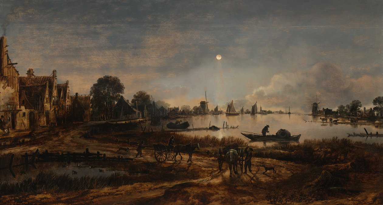 River View vid Moonlight av Aert van der Neer