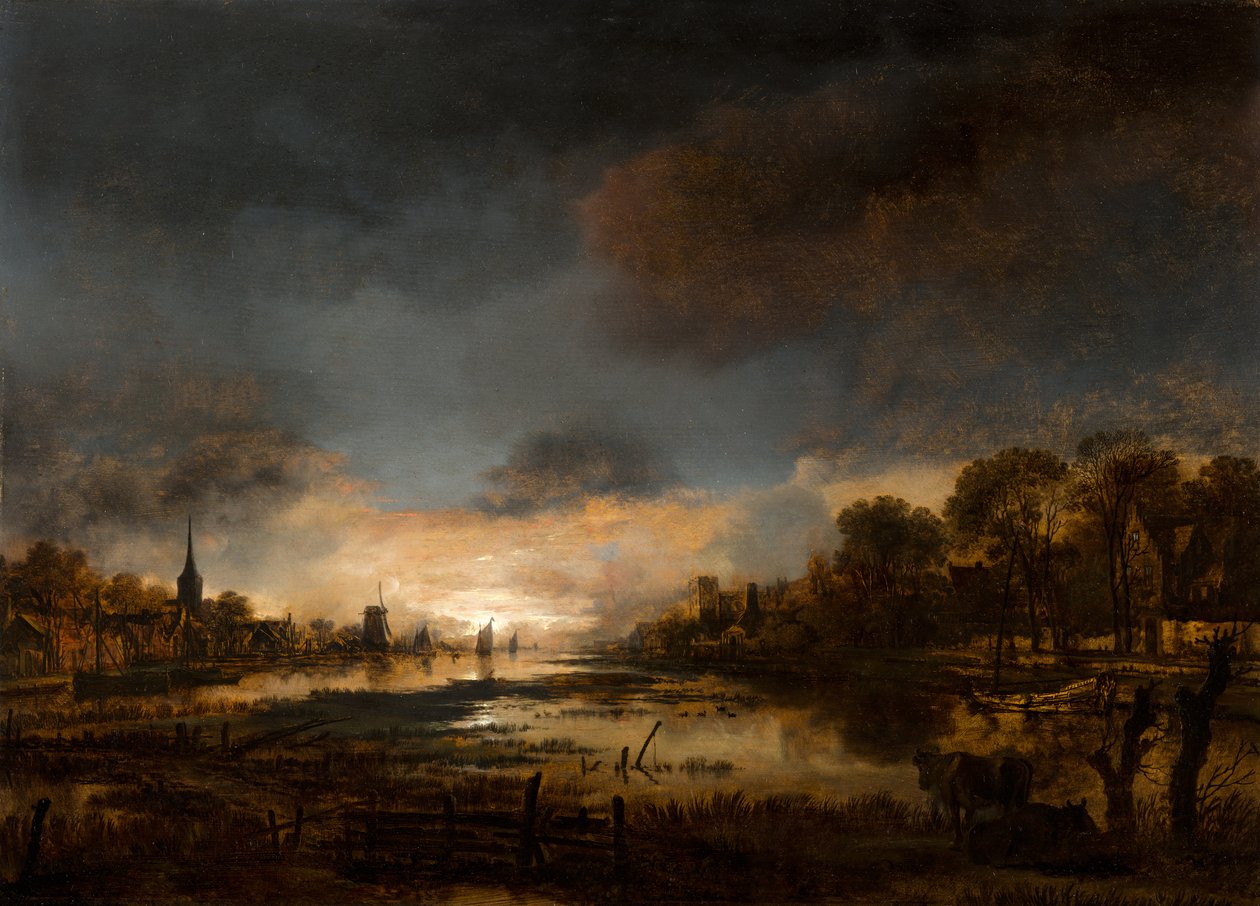 Flodlandskap vid solnedgången av Aert van der Neer