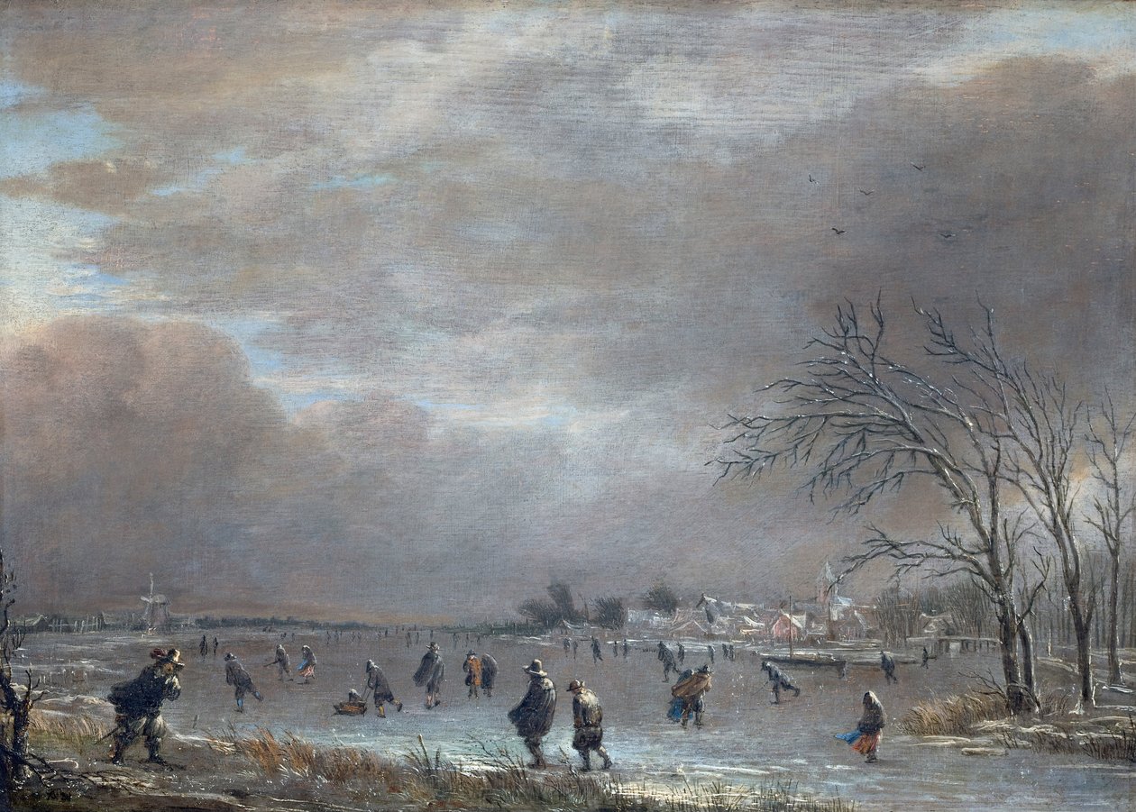 Vinterlandskap med skridskoåkare på en frusen flod av Aert van der Neer