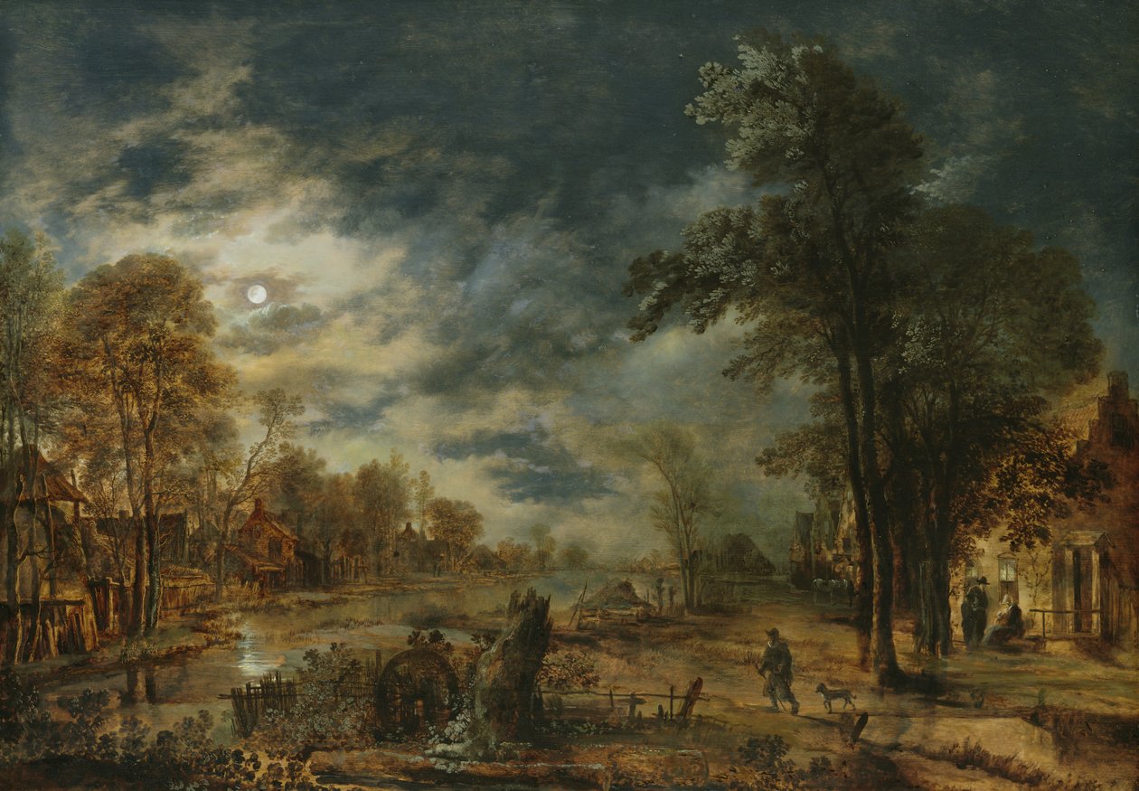 Månbelyst landskap med en by av Aert van der Neer