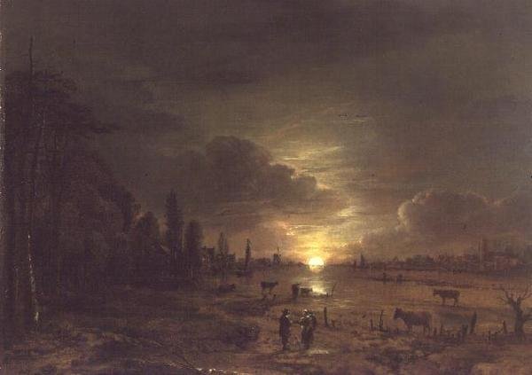 Flodlandskap med stigande måne av Aert van der Neer