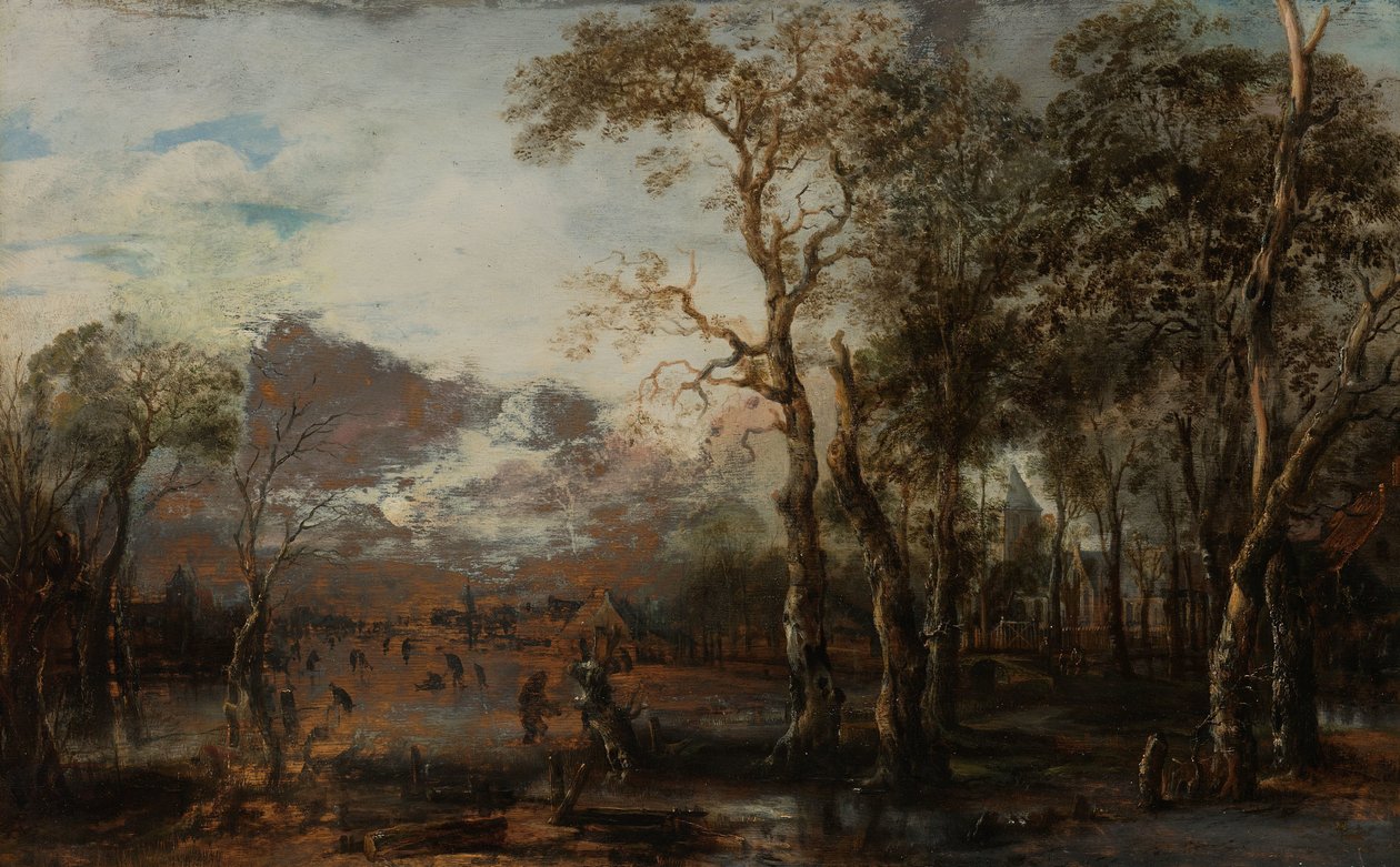 Skogbevuxen landskap med jägare/vinterlandskap av Aert van der Neer
