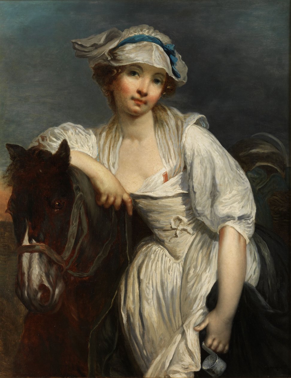 Ung flicka lutad på halsen på en häst av After Jean Baptiste Greuze
