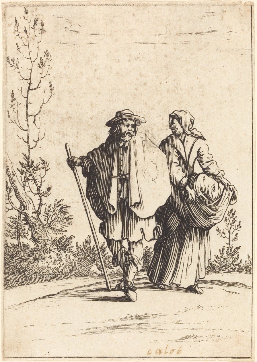 Tiggarpar, med landskap i bakgrunden av After Jacques Callot