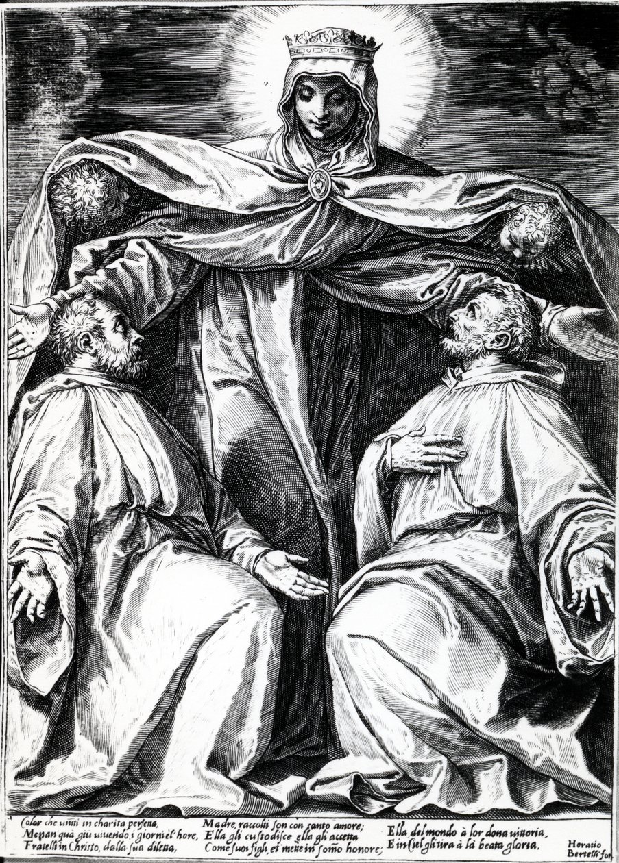 Madonna Protecting Two Members of a Confraternity, tryck gjord av Horatio Bertelli, 1582 (gravyr) av Agostino Carracci