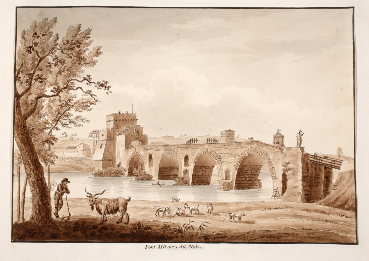 Ponte Milvio, eller Ponte Molle, 1833 (etsning med brun tvätt) av Agostino Tofanelli