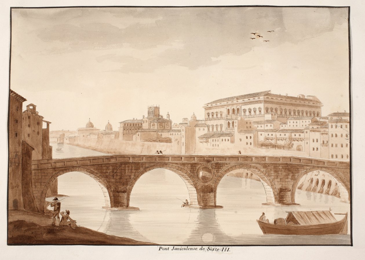 Ponte Sisto, 1833 (etsning med brun tvätt) av Agostino Tofanelli