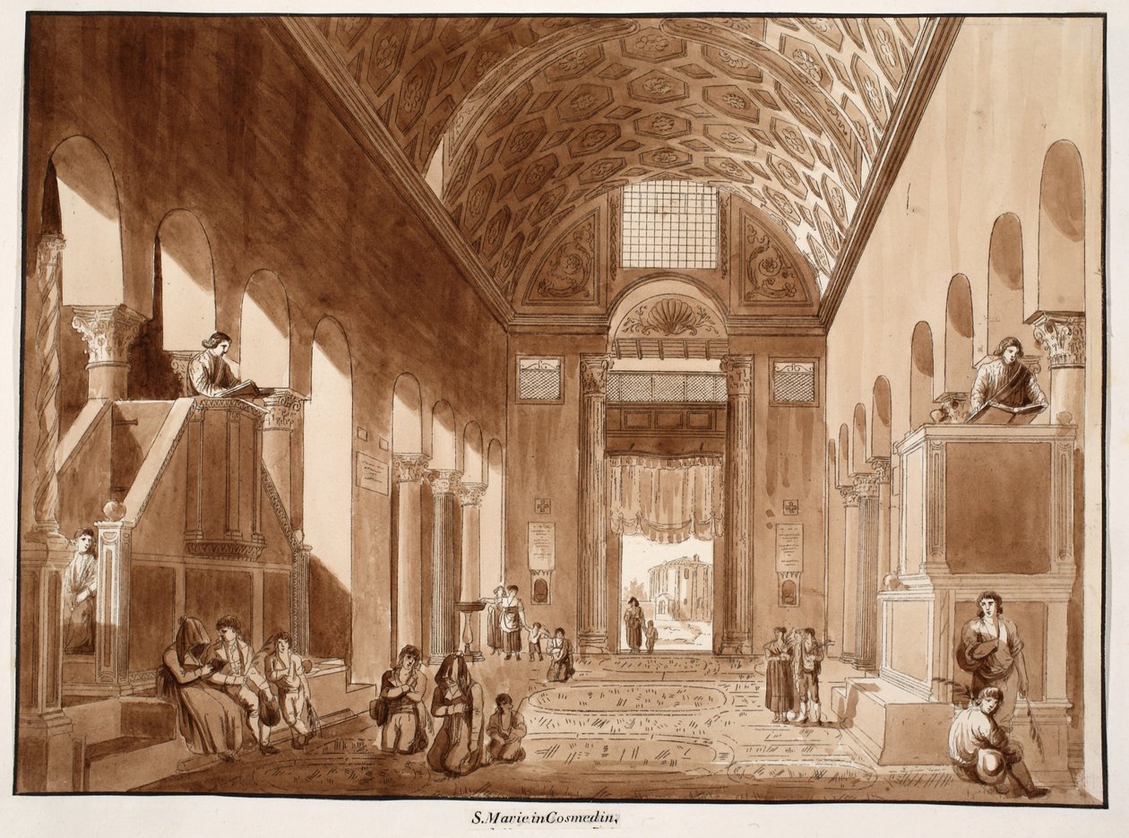 Santa Maria in Cosmedin, 1833 (etsning med brun tvätt) av Agostino Tofanelli