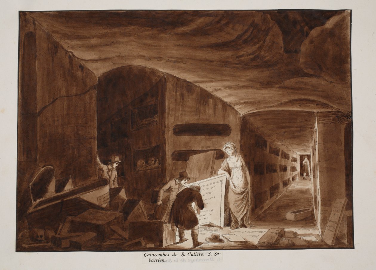 Catacombs of St. Calixtus, 1833 (etsning med brun tvätt) av Agostino Tofanelli