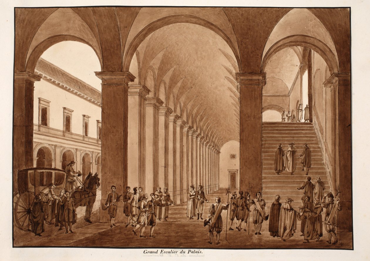 Huvudtrappan i Palazzo del Quirinale, 1833 (etsning med brun tvätt) av Agostino Tofanelli