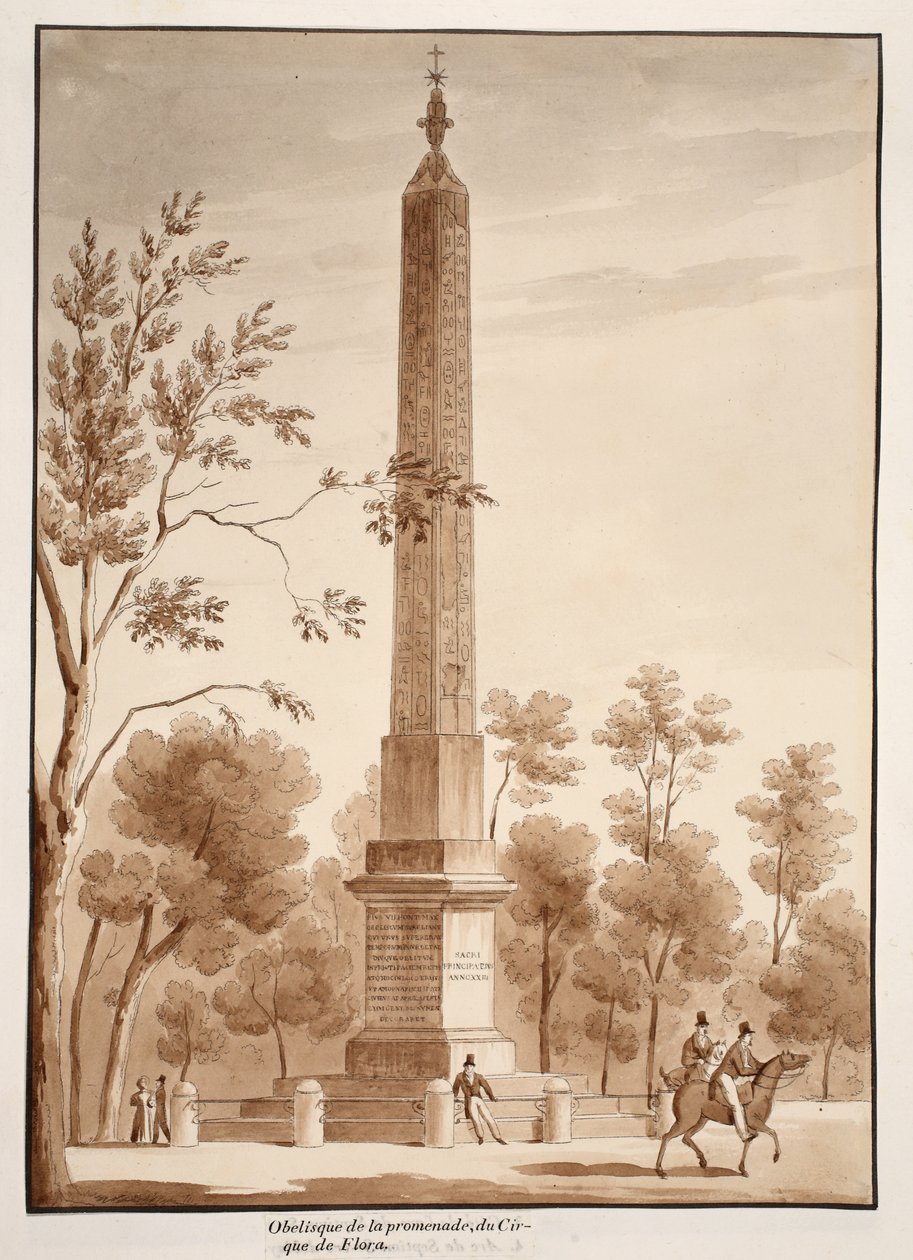 Passeggiata-obelisken, från Circus of Flora, 1833 (etsning med brun tvätt) av Agostino Tofanelli