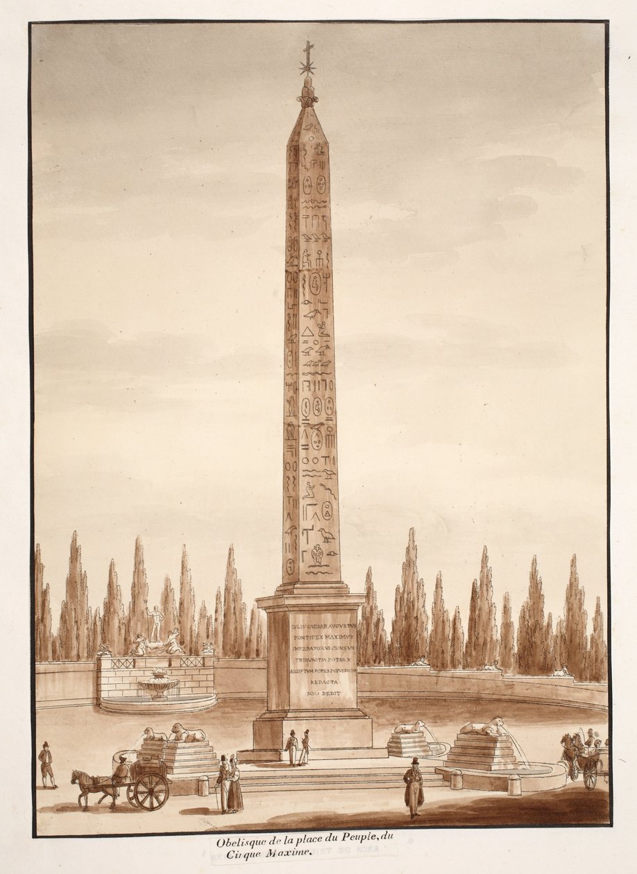 Piazza del Popolo Obelisk, från Circus Maximus, 1833 (etsning med brun tvätt) av Agostino Tofanelli