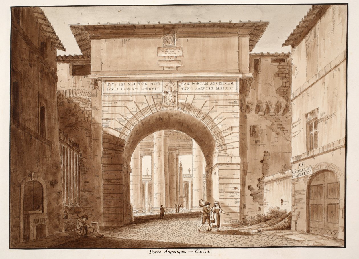 Porta Angelica - Cassia, 1833 (etsning med brun tvätt) av Agostino Tofanelli