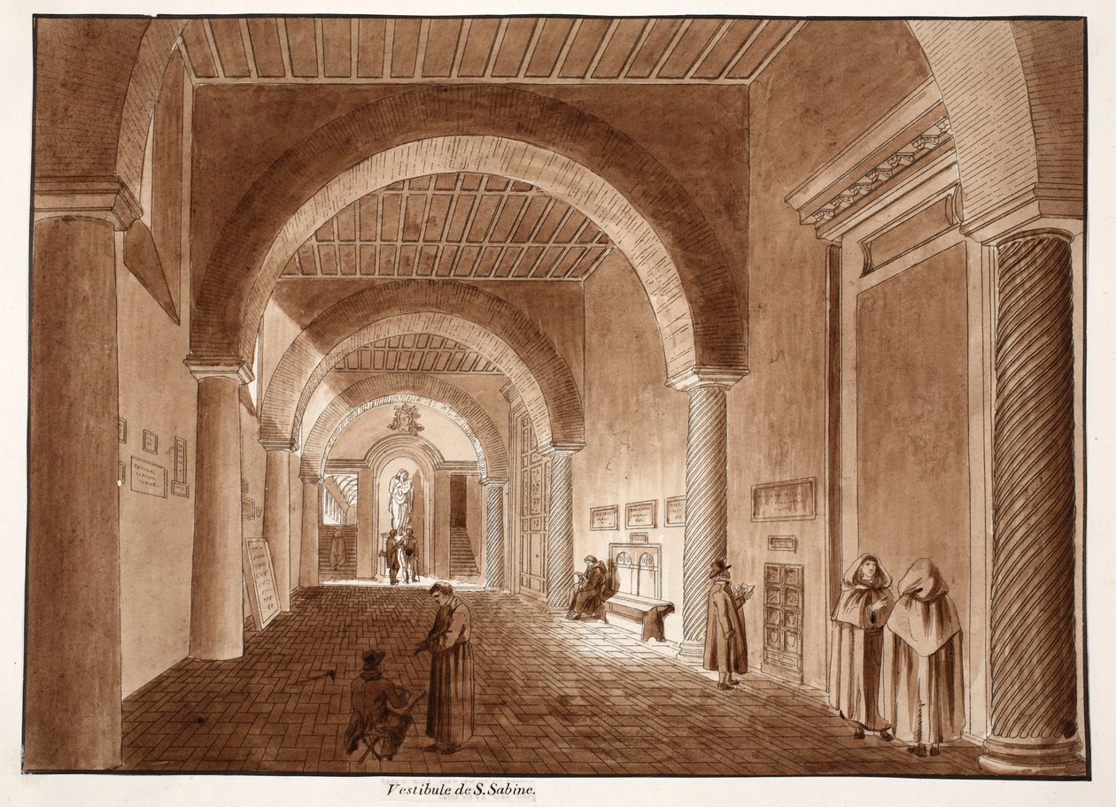 The Vestibule of Santa Sabina, 1833 (etsning med brun tvätt) av Agostino Tofanelli