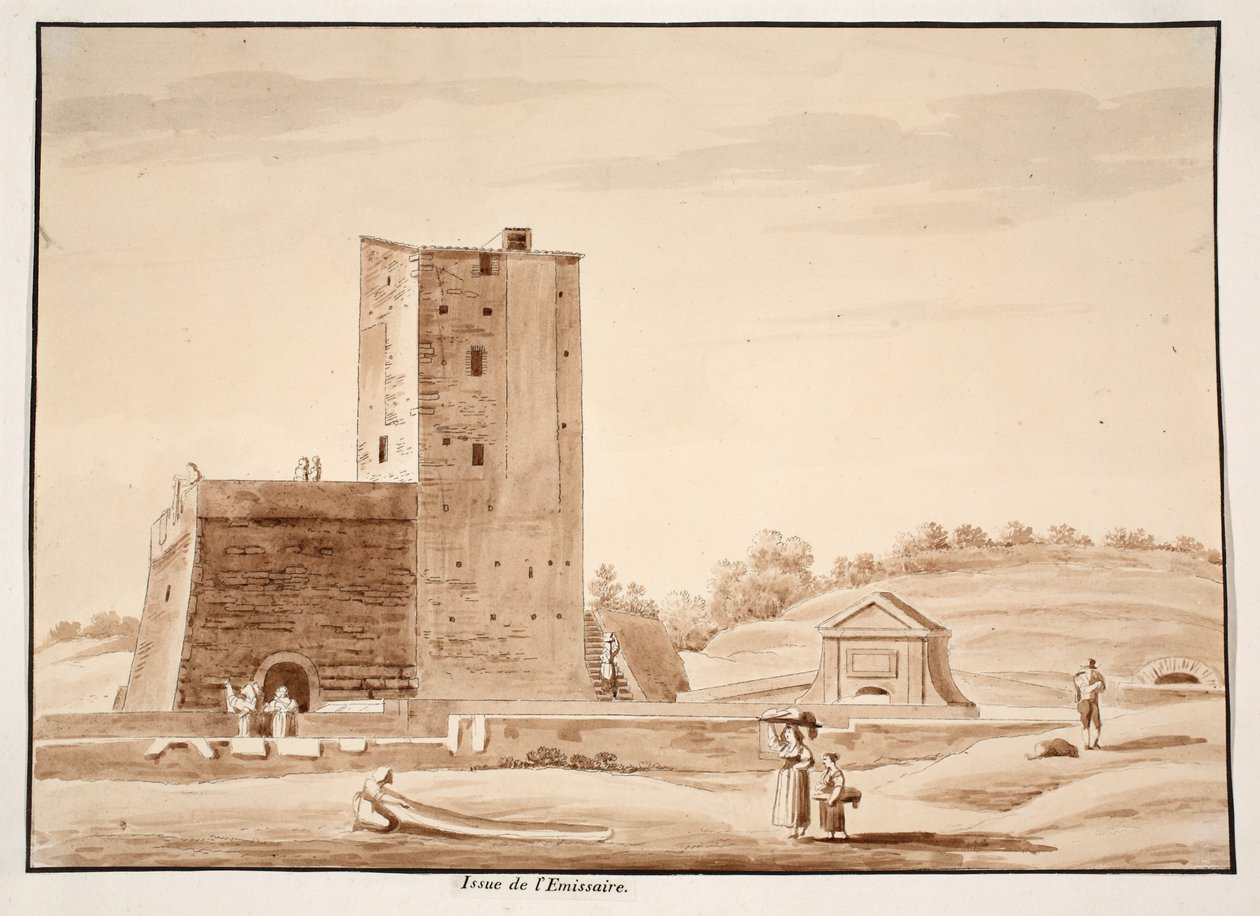 Uppkomsten av emmisarium vid Albanosjön, 1833 (etsning med brun tvätt) av Agostino Tofanelli