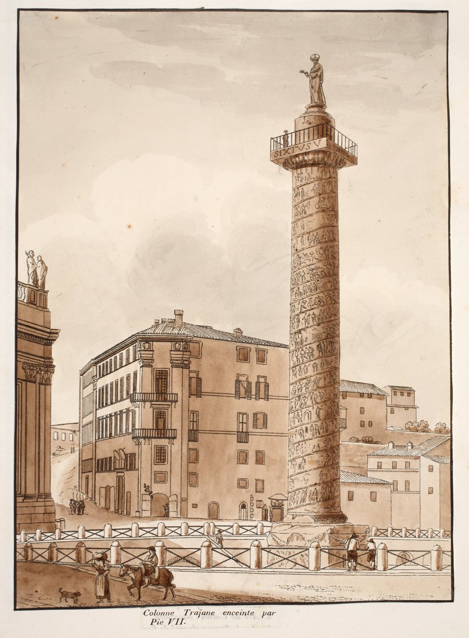 Trajanus kolonn, omgiven av ett staket av Pius VII, 1833 (etsning med brun tvätt) av Agostino Tofanelli